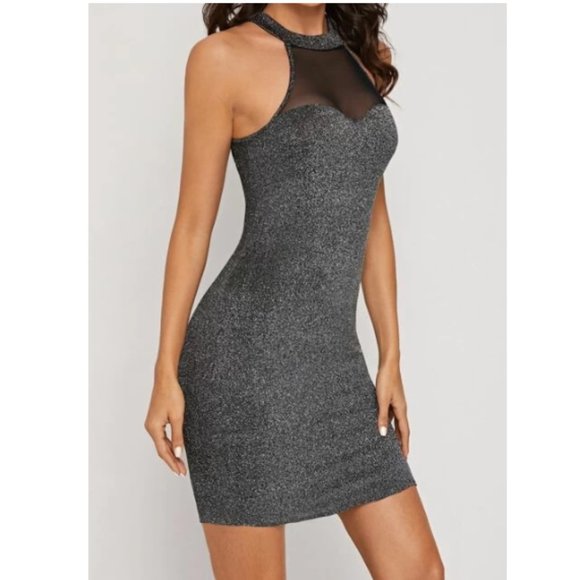 SHEIN Dresses & Skirts - Black, glitter and mesh halter bodycon dress size M